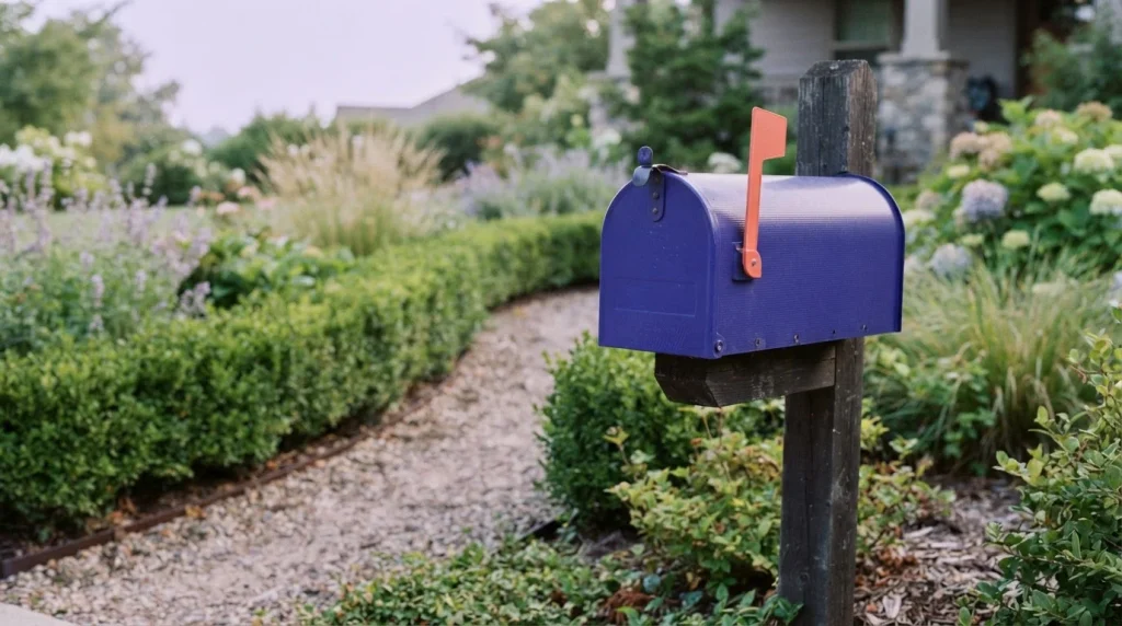 Roter Briefkasten mit hochgeklappter Fahne auf einem Schreibtisch
