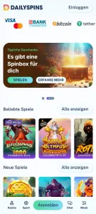 Mobile Browseransicht von Dailyspins mit Navigation zu Sportwetten