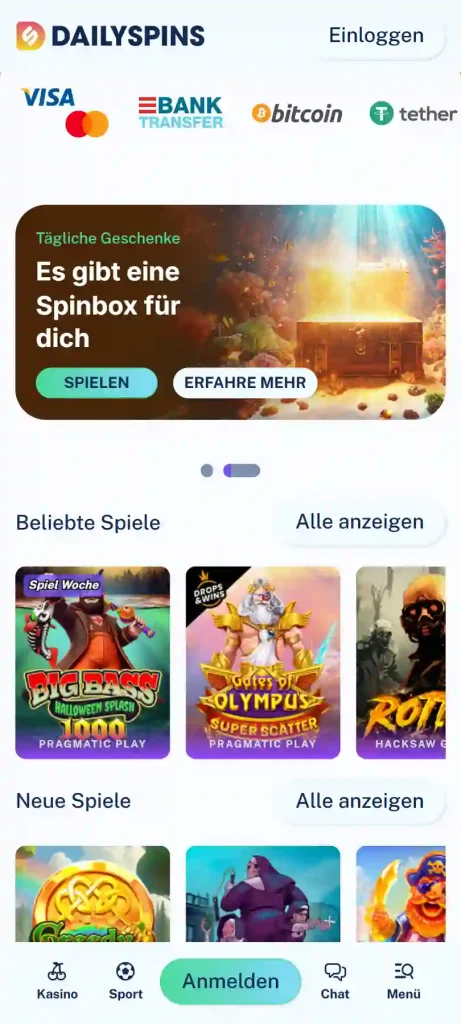 Mobile Browseransicht von Dailyspins mit Navigation zu Sportwetten