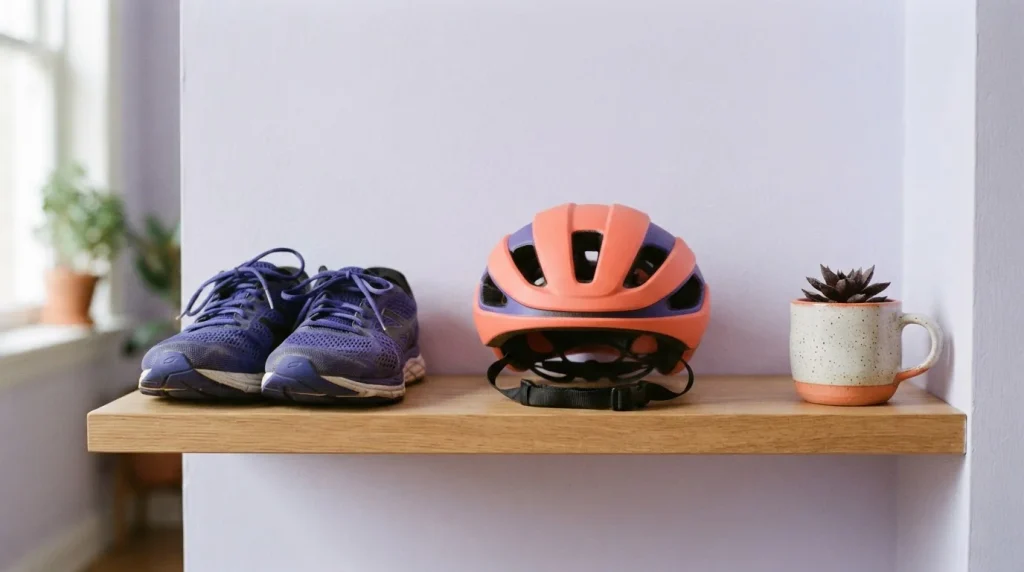 Sportschuhe Fahrradhelm und Tasse stehen ordentlich auf einem Holzregal