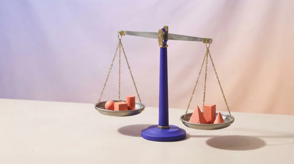 Zweiarmige Waage mit unterschiedlich großen Gewichten auf dem Tisch
