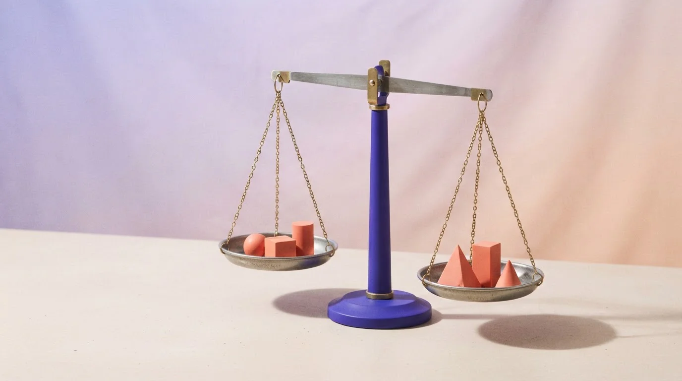 Zweiarmige Waage mit unterschiedlich großen Gewichten auf dem Tisch
