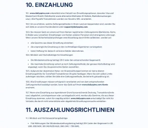 Abschnitt zu Einzahlungen und Auszahlungen in den Geschäftsbedingungen von Dailyspins